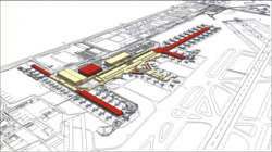 The new terminal expansions (red) on Honolulu International Airport depicted as part of the $2.3 billion modernization program of the airport in 12 years.On March 24, 2006, Hawaii Governor Linda Lingle unveiled a $2.3 billion modernization program for Honolulu International Airport over a 12-year period.